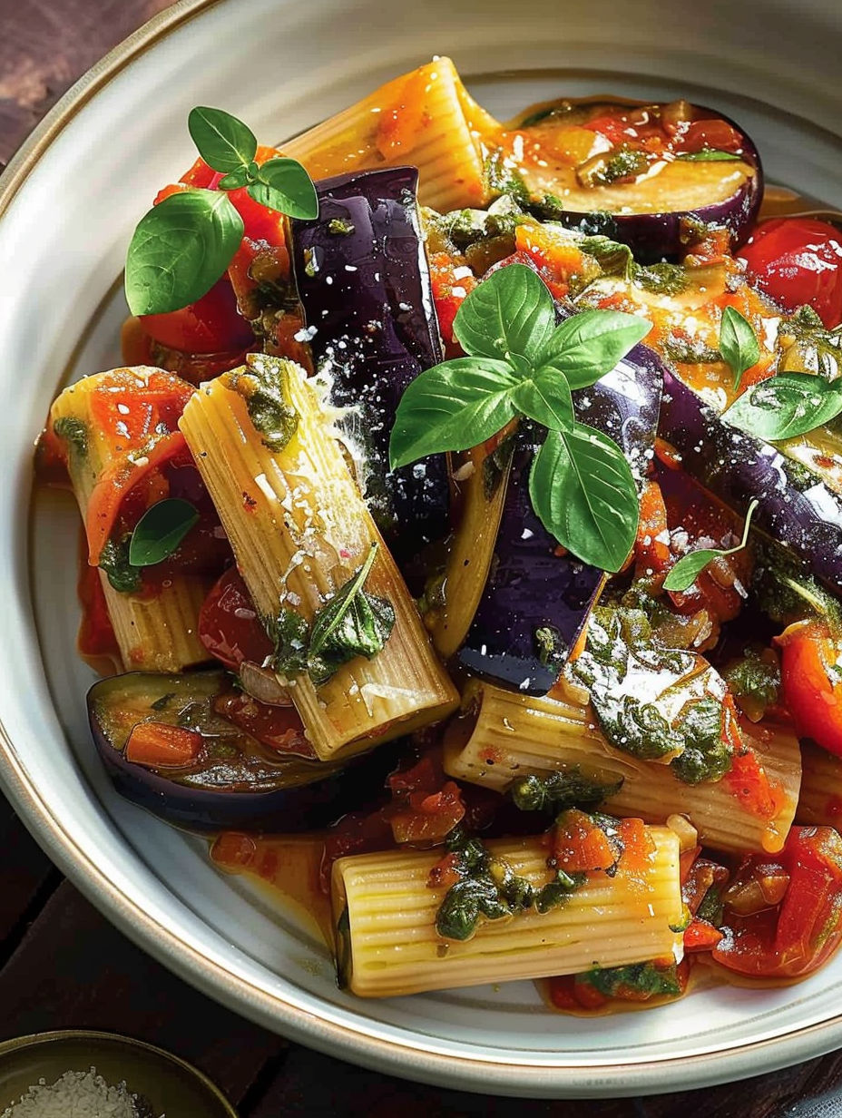 A bowl of pasta with purple vegetables.