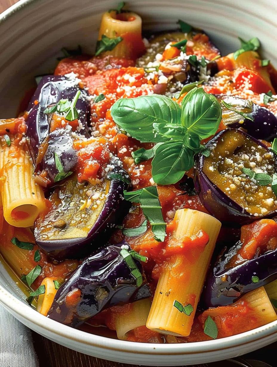 A bowl of pasta with a green leaf on top.