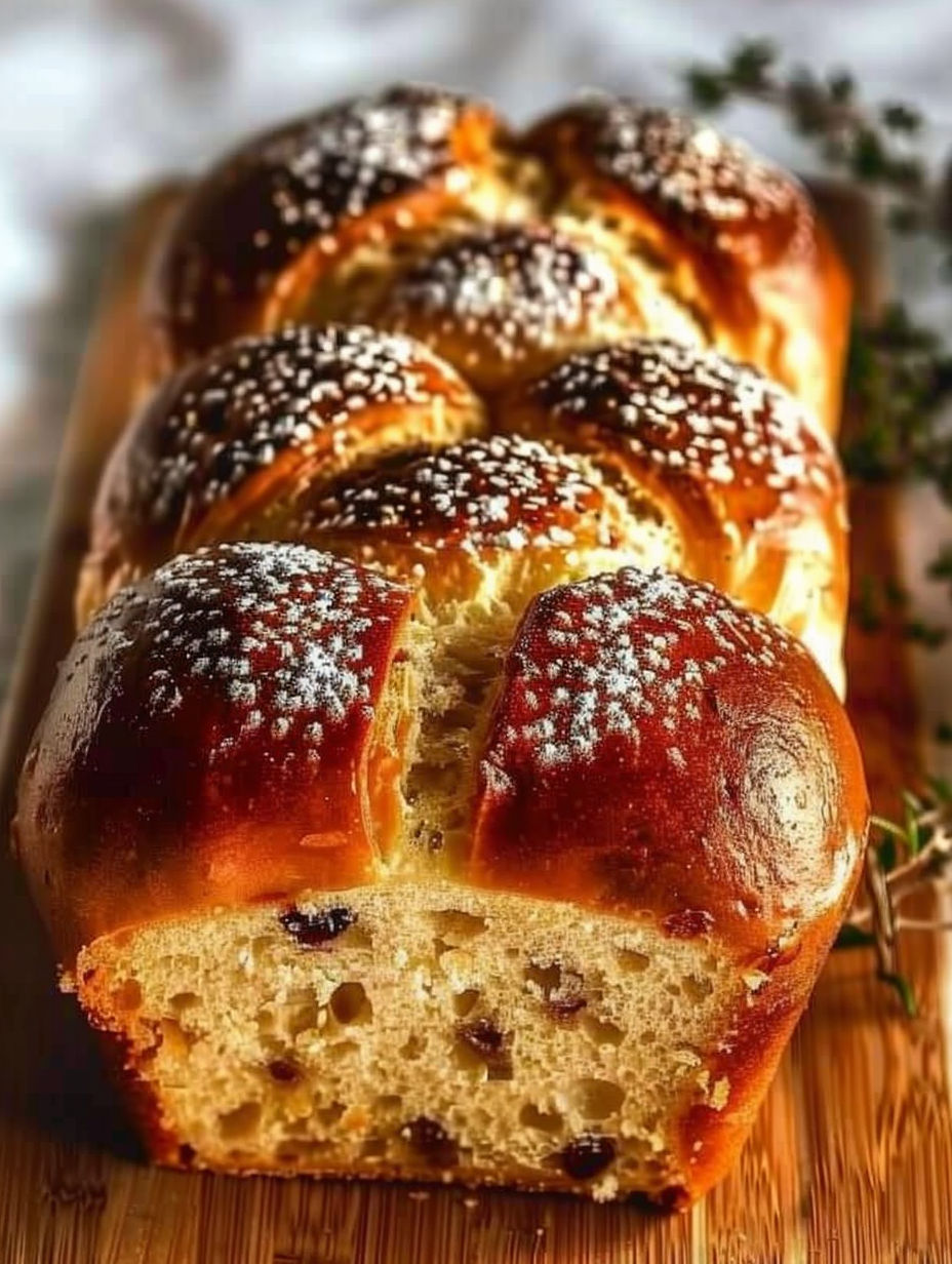 A brioche alsacienne de Noël is displayed on a wooden board.