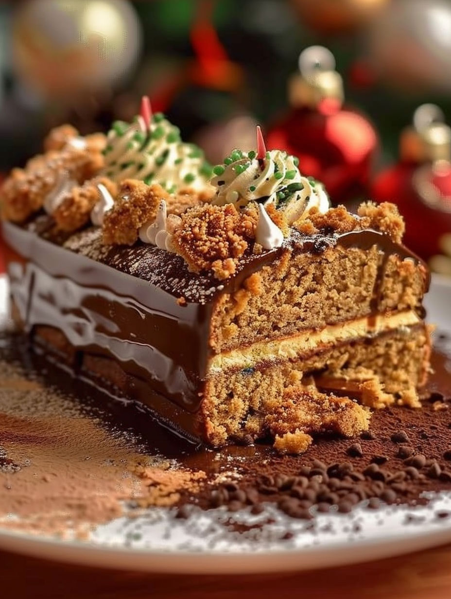 A slice of chocolate cake with a dusting of powdered sugar.