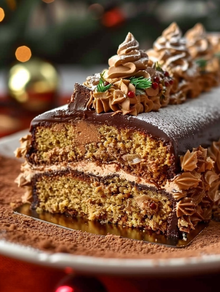 A slice of a café-noisette bûche de Noël.