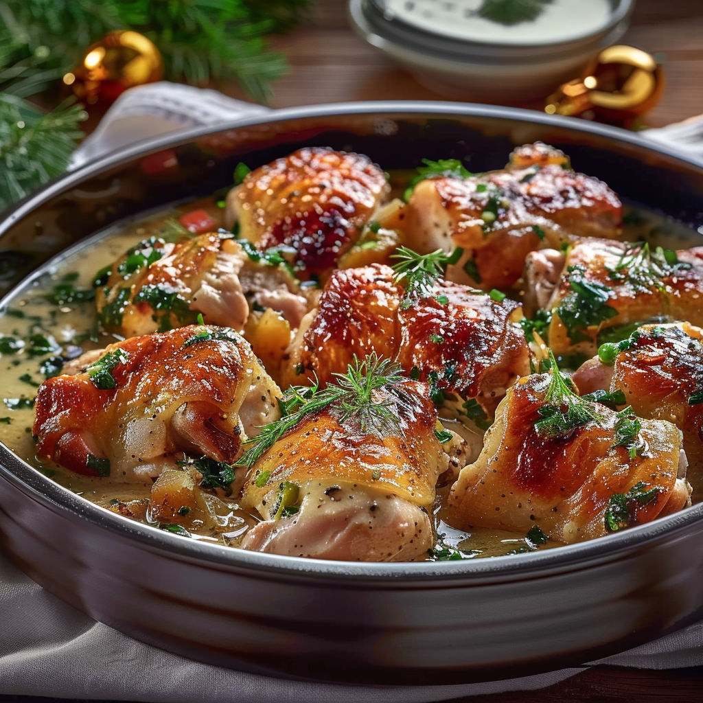 A pan of chicken with a sauce and herbs.