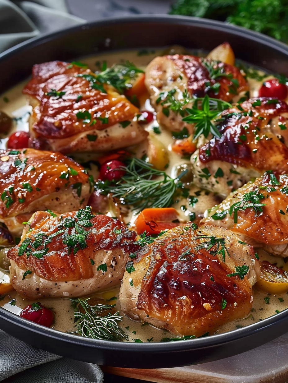 A dish of chicken with herbs and vegetables.