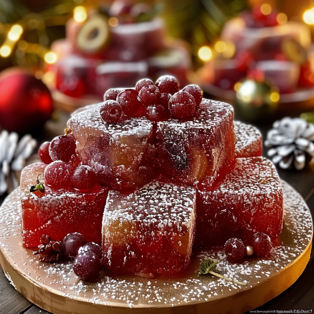 A stack of red and white cake with berries on top.