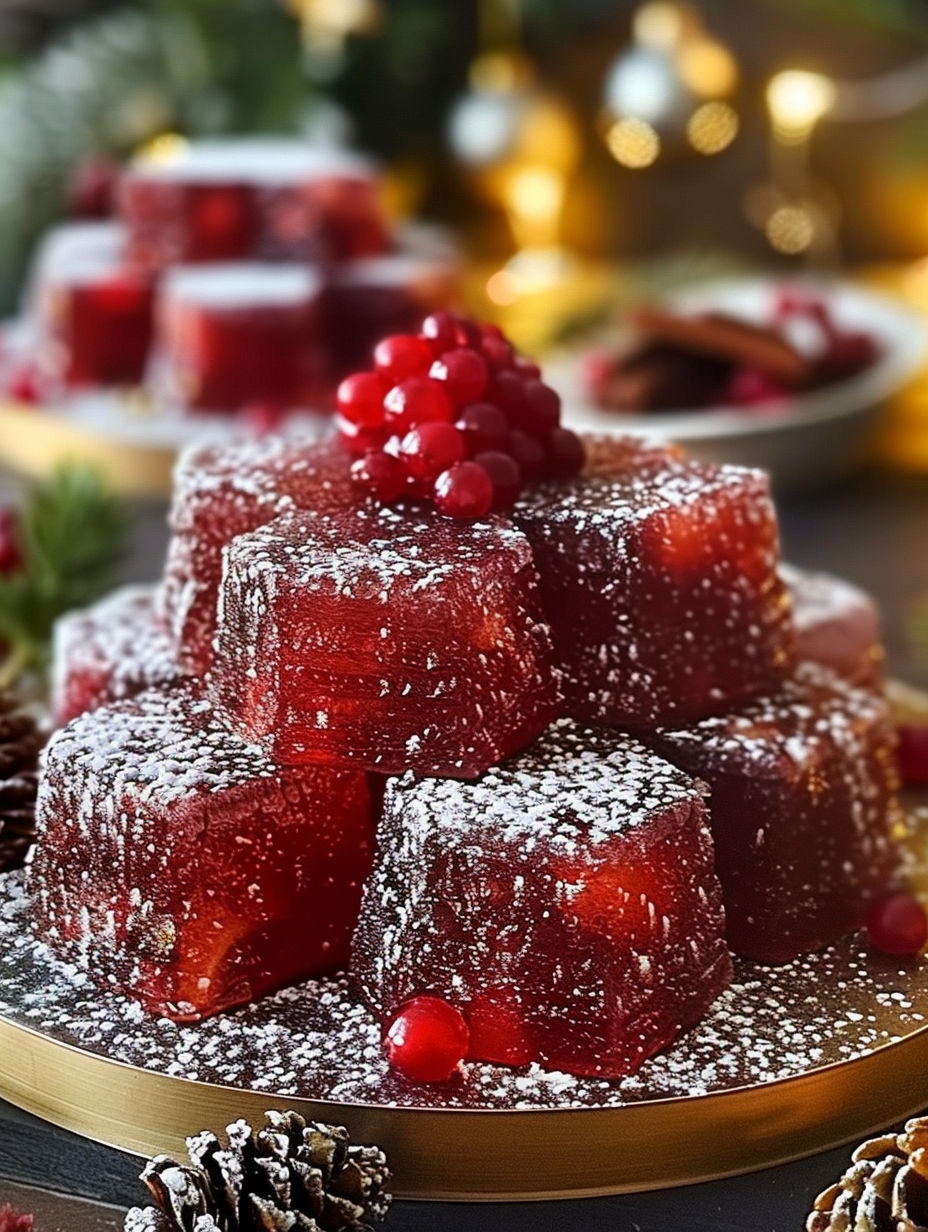 A stack of red jello cubes with a cherry on top.
