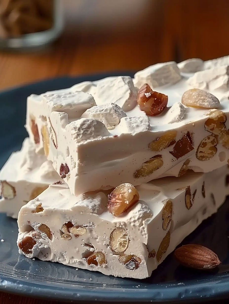 A close up of a piece of cake with nuts on top.