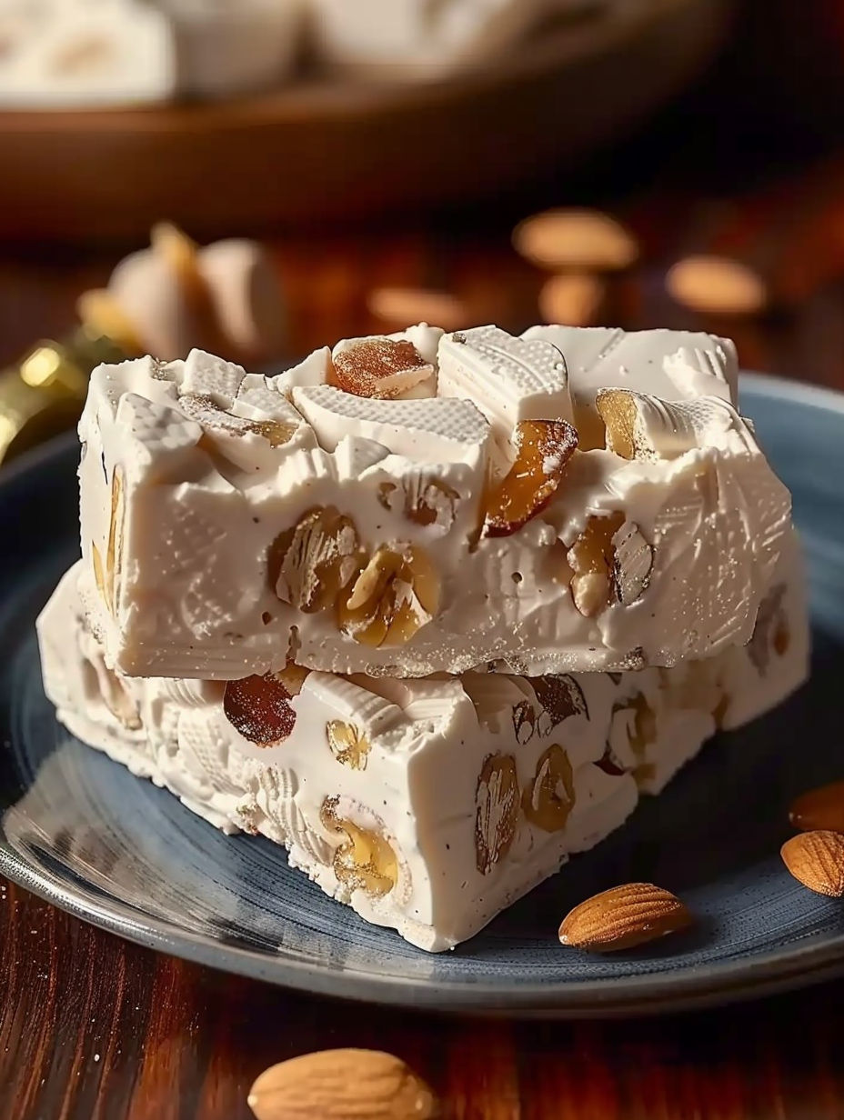 A white dessert with nuts and almonds on a blue plate.