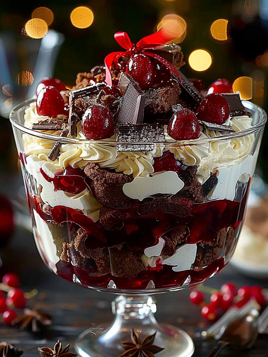A close up of a Black Forest Trifle dessert.