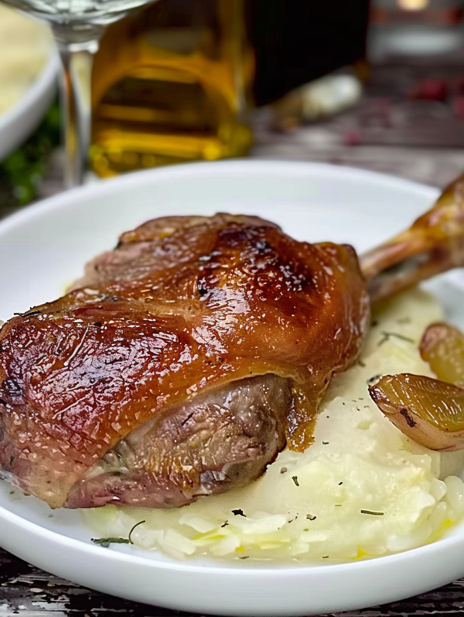 A piece of cooked duck with a golden brown skin.