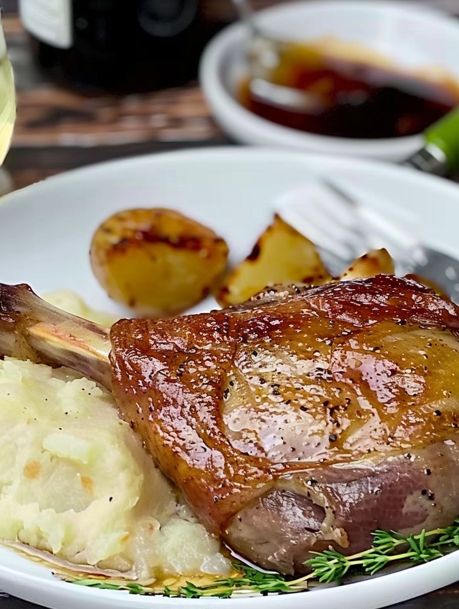 A plate of food with a roasted duck leg.