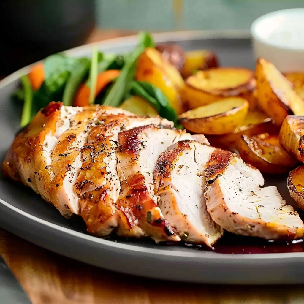 A plate of food with chicken and potatoes.