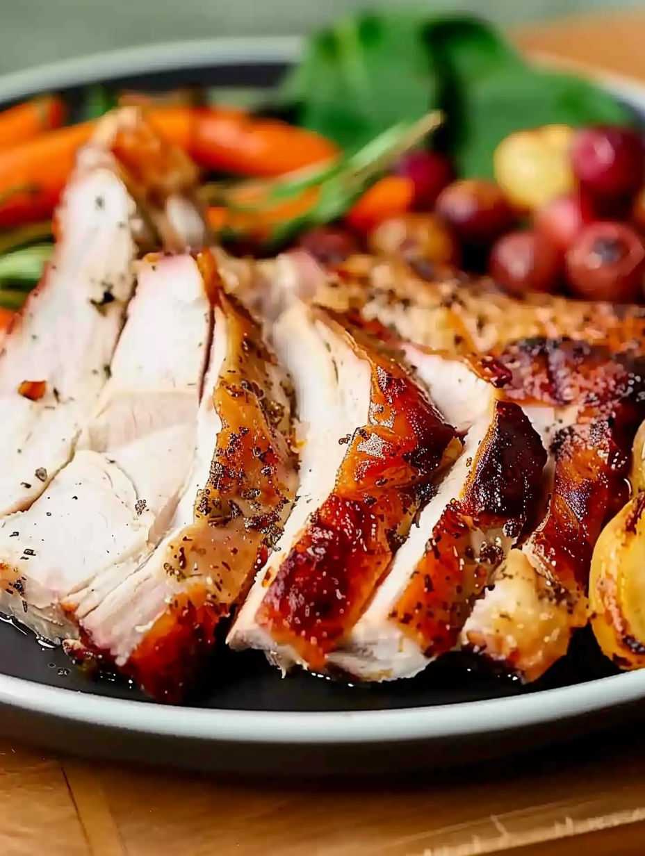 A plate of roasted chicken with vegetables.