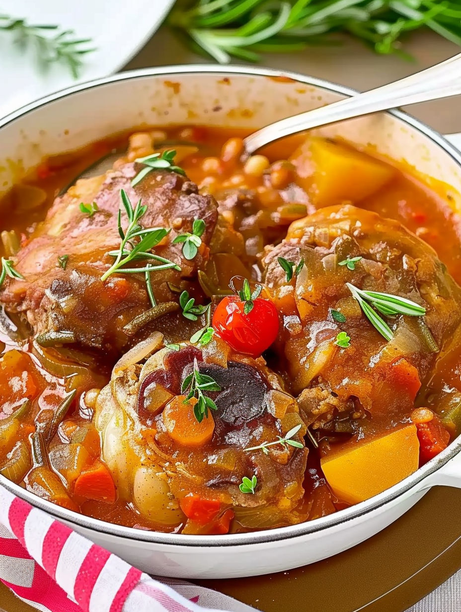 A bowl of osso bucco de dinde.