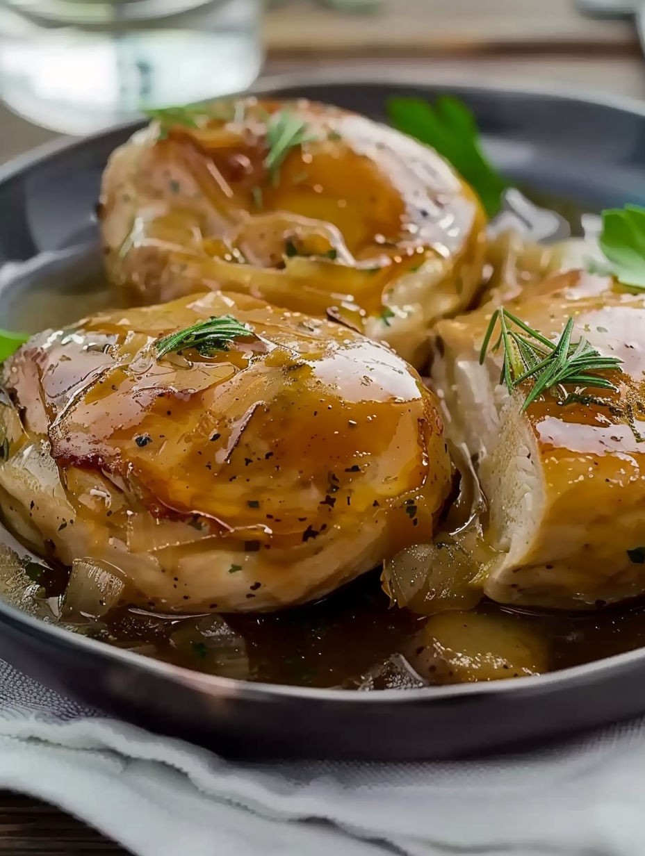 A pan of chicken with onions and mushrooms.