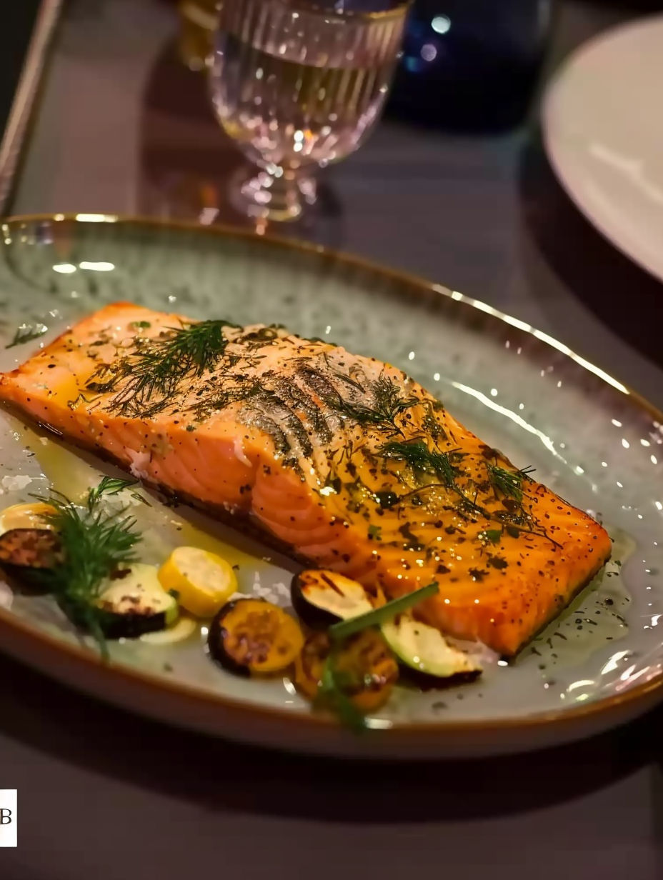 A plate of food with salmon, vegetables, and mozzarella.