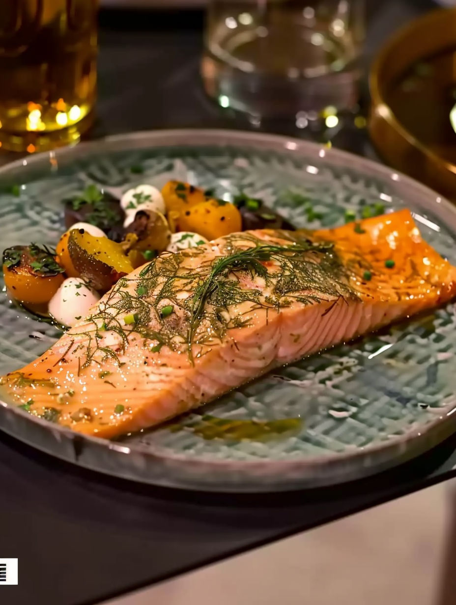 A plate of food with salmon, mushrooms, and mozzarella.