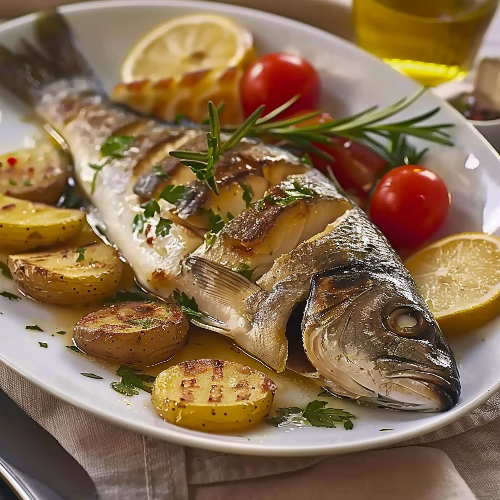 A plate of food with a fish and potatoes.