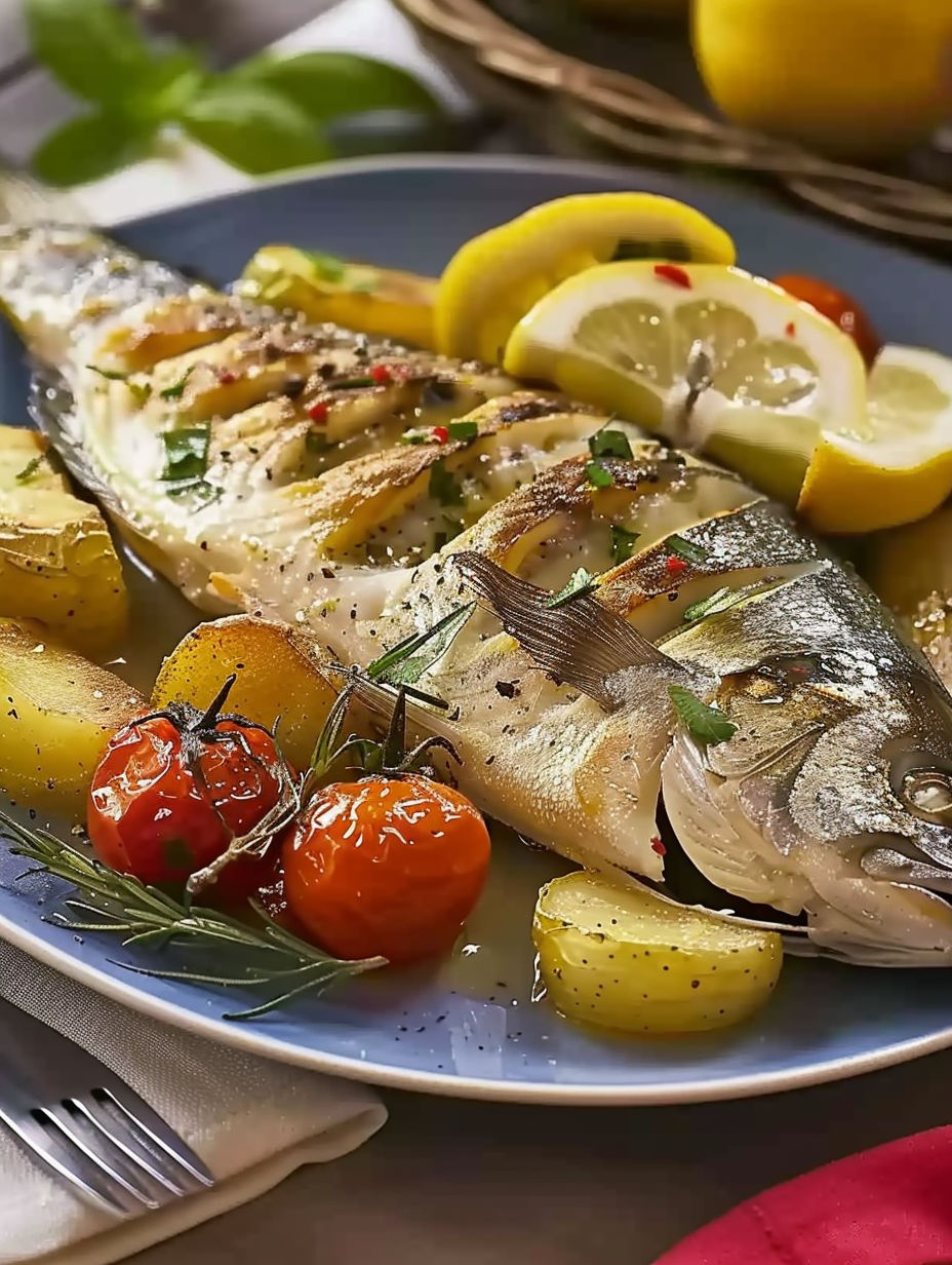 A plate of food with a fish, potatoes, and lemon.