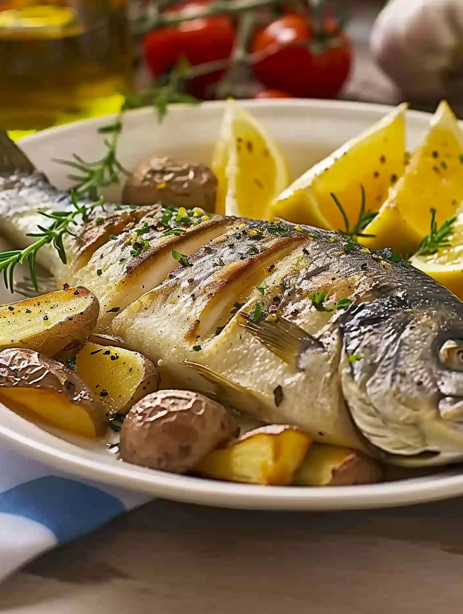 A plate of food with fish and potatoes.
