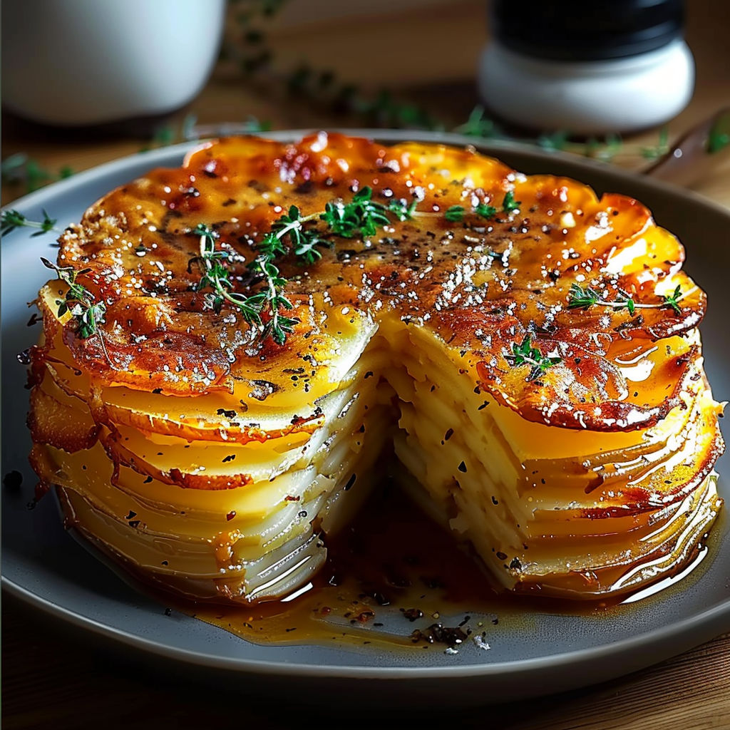 A slice of a gratin de pommes de terre.