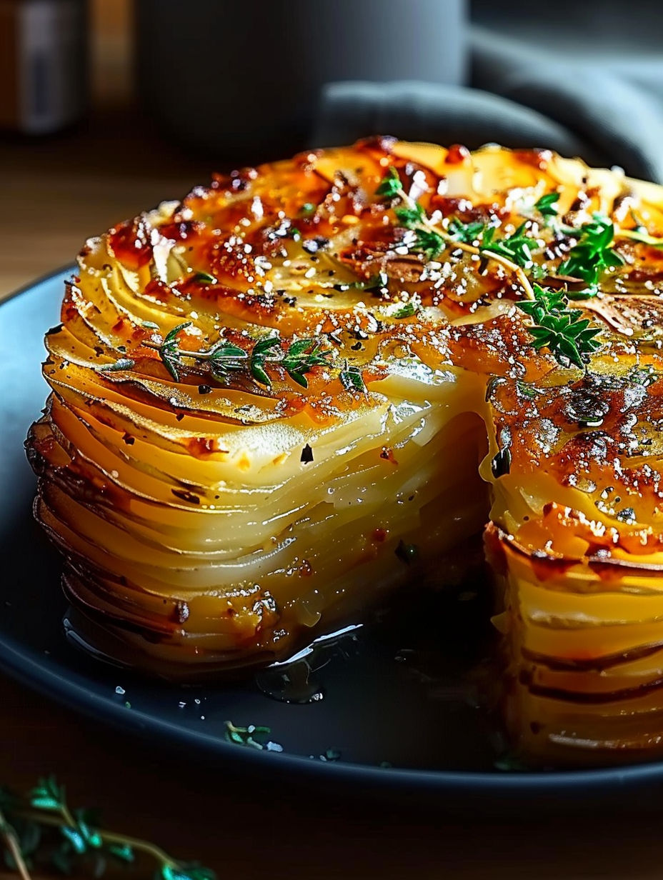 A slice of a gratin de pommes de terre croustillant et fondant.