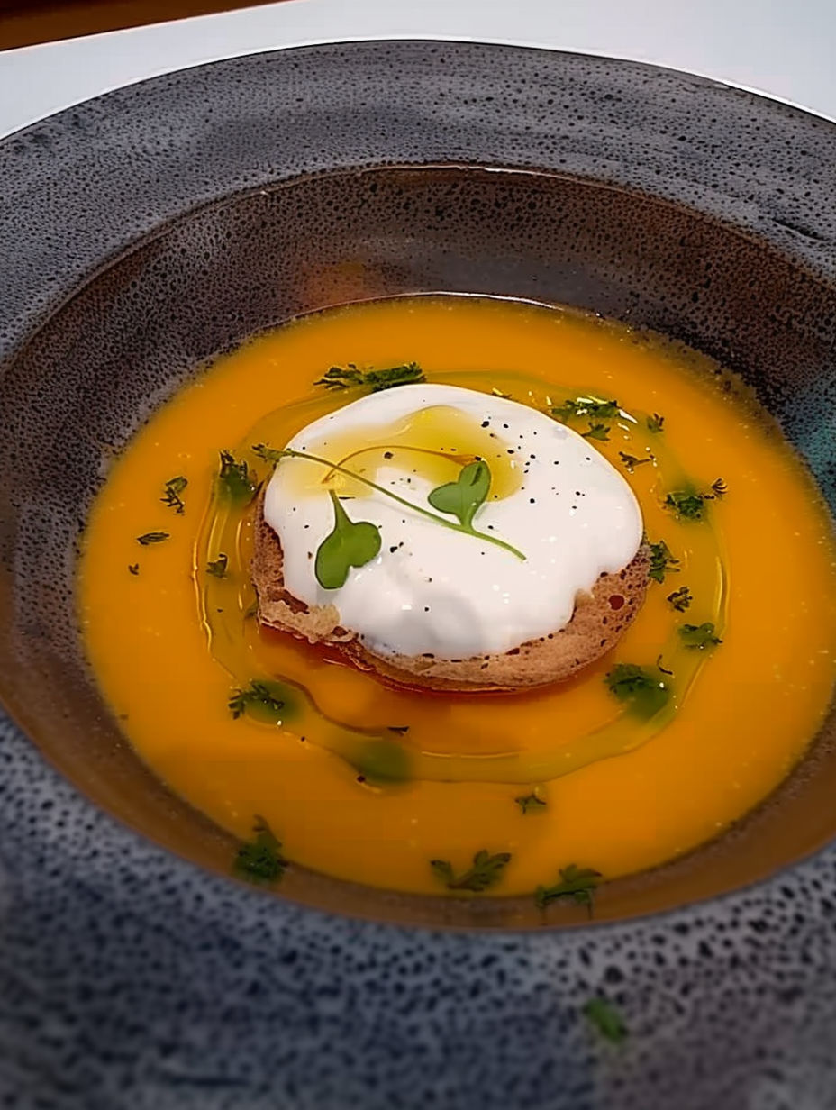 A bowl of soup with a dollop of cream on top.