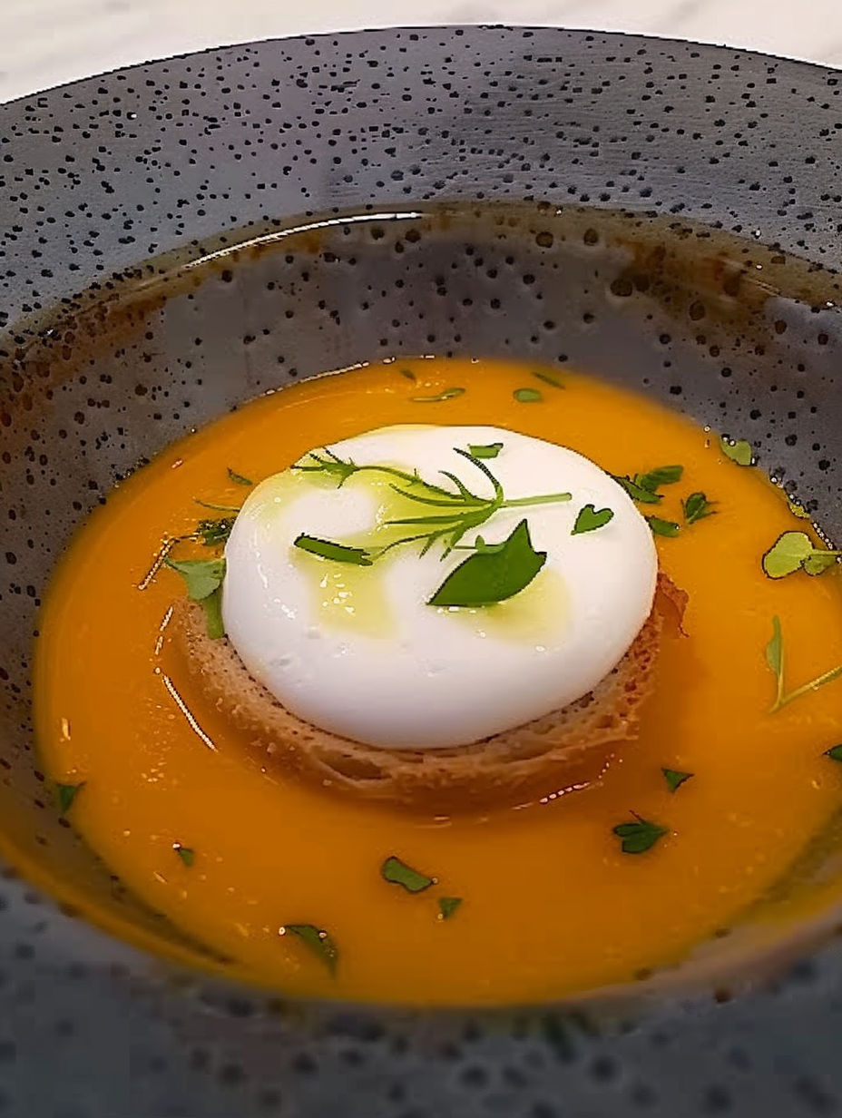 A bowl of soup with a dollop of cream on top.