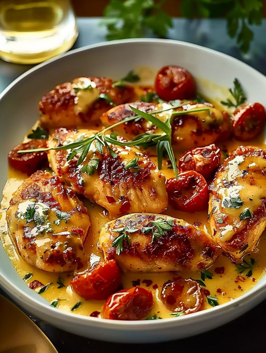 A bowl of food with chicken and tomatoes.