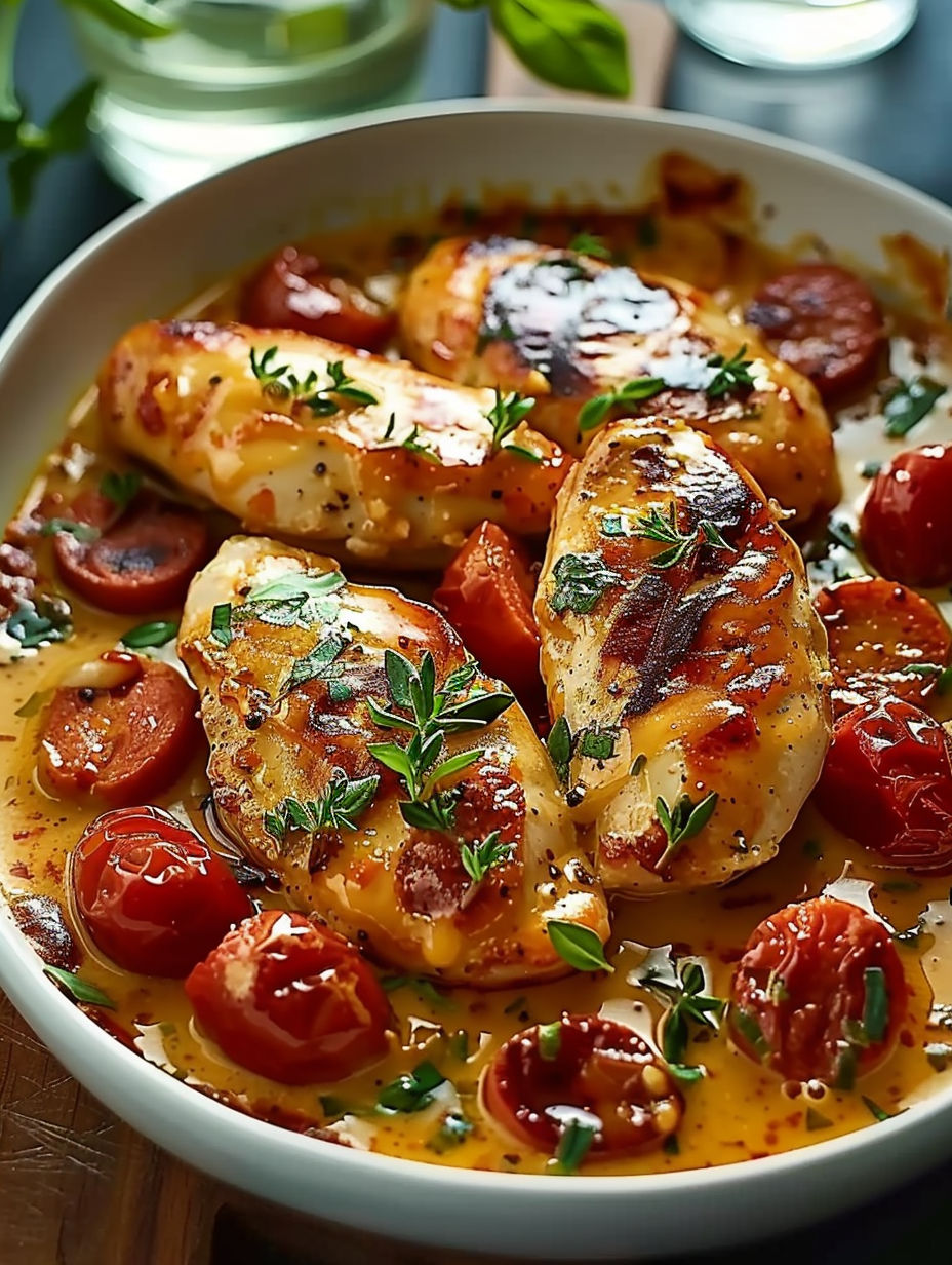 A bowl of food with tomatoes and chicken.