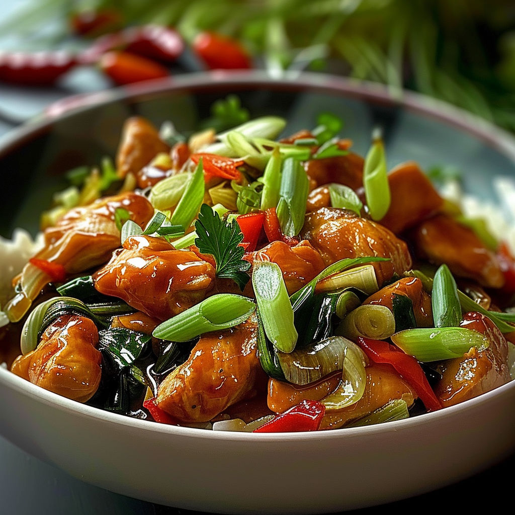 A bowl of Chinese food with chicken and vegetables.