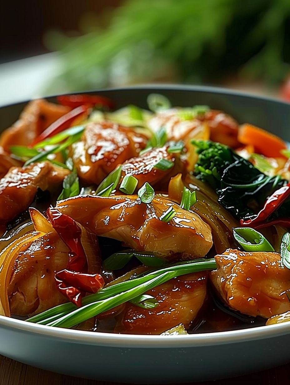 A bowl of Chinese food with broccoli and carrots.