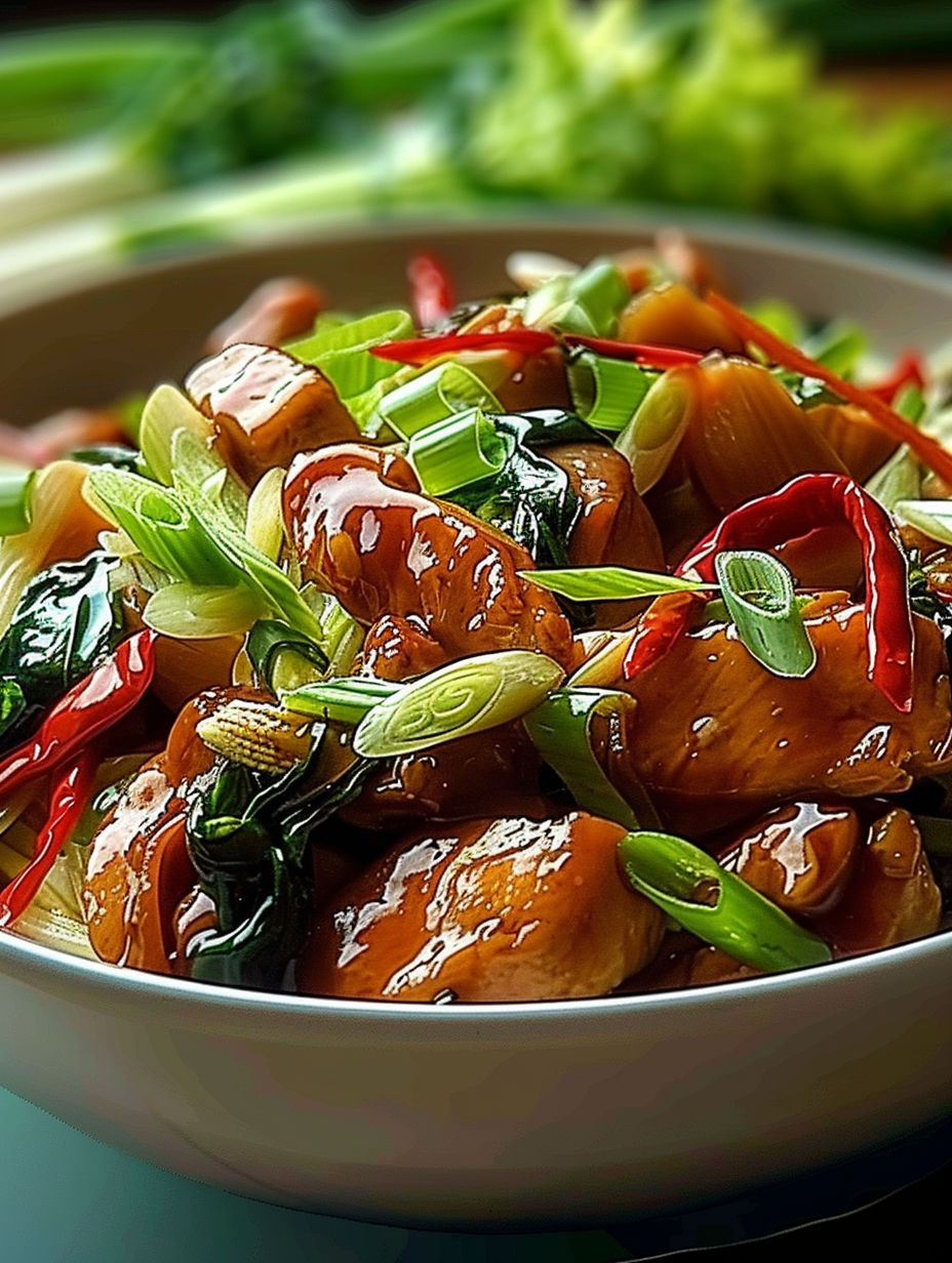 A bowl of Chinese food with chicken and vegetables.