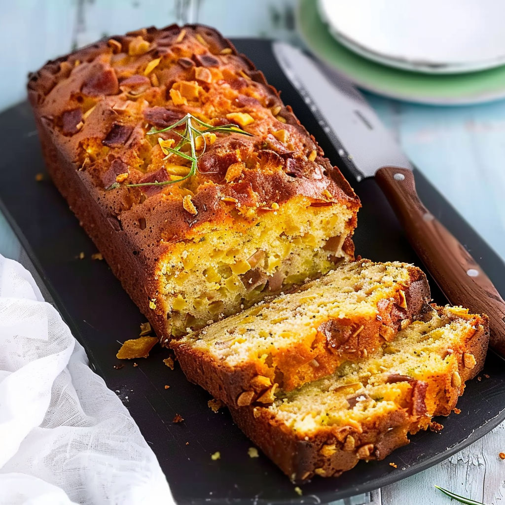 A slice of cake with butternut and bacon.