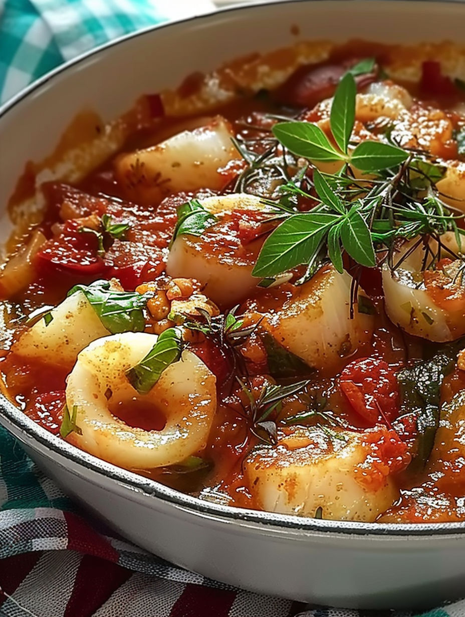 A bowl of food with a green garnish.