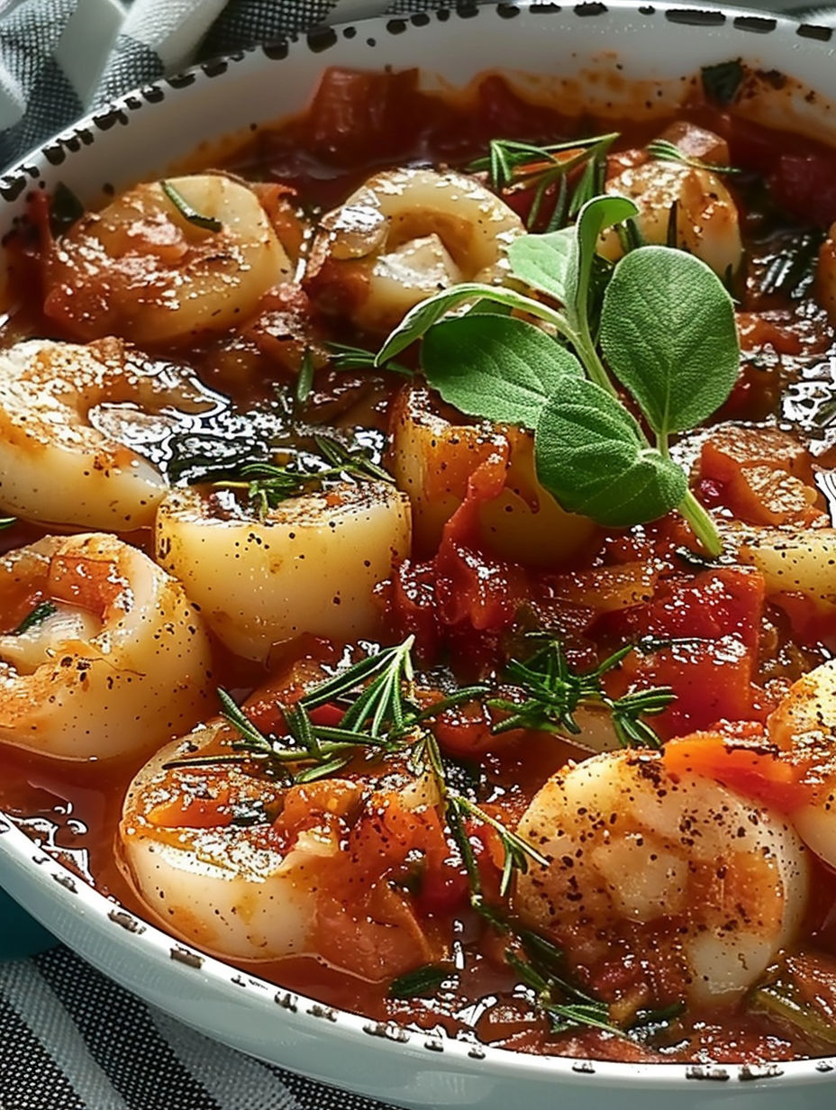 A bowl of soup with shrimp and herbs.