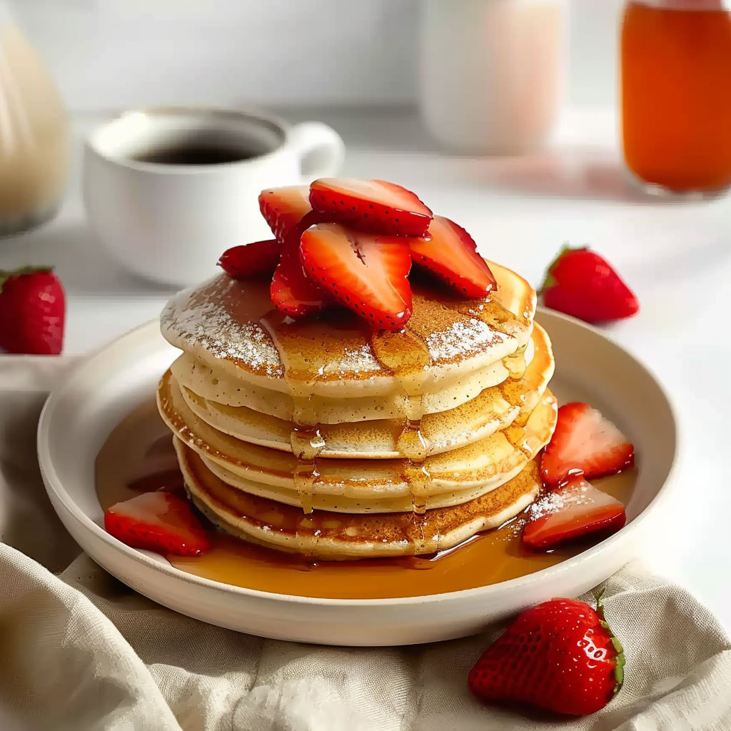 A stack of pancakes with strawberries on top.