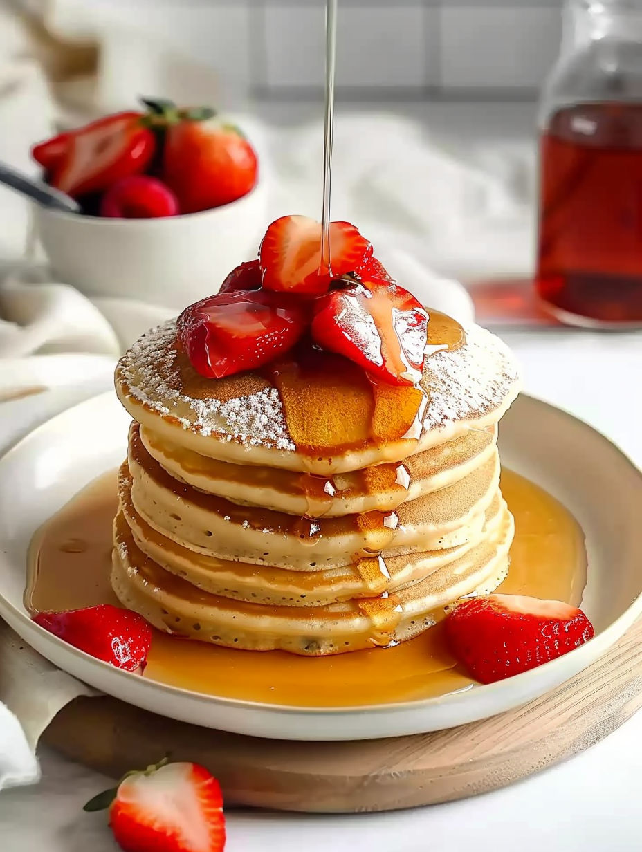 A stack of pancakes with strawberries on top.