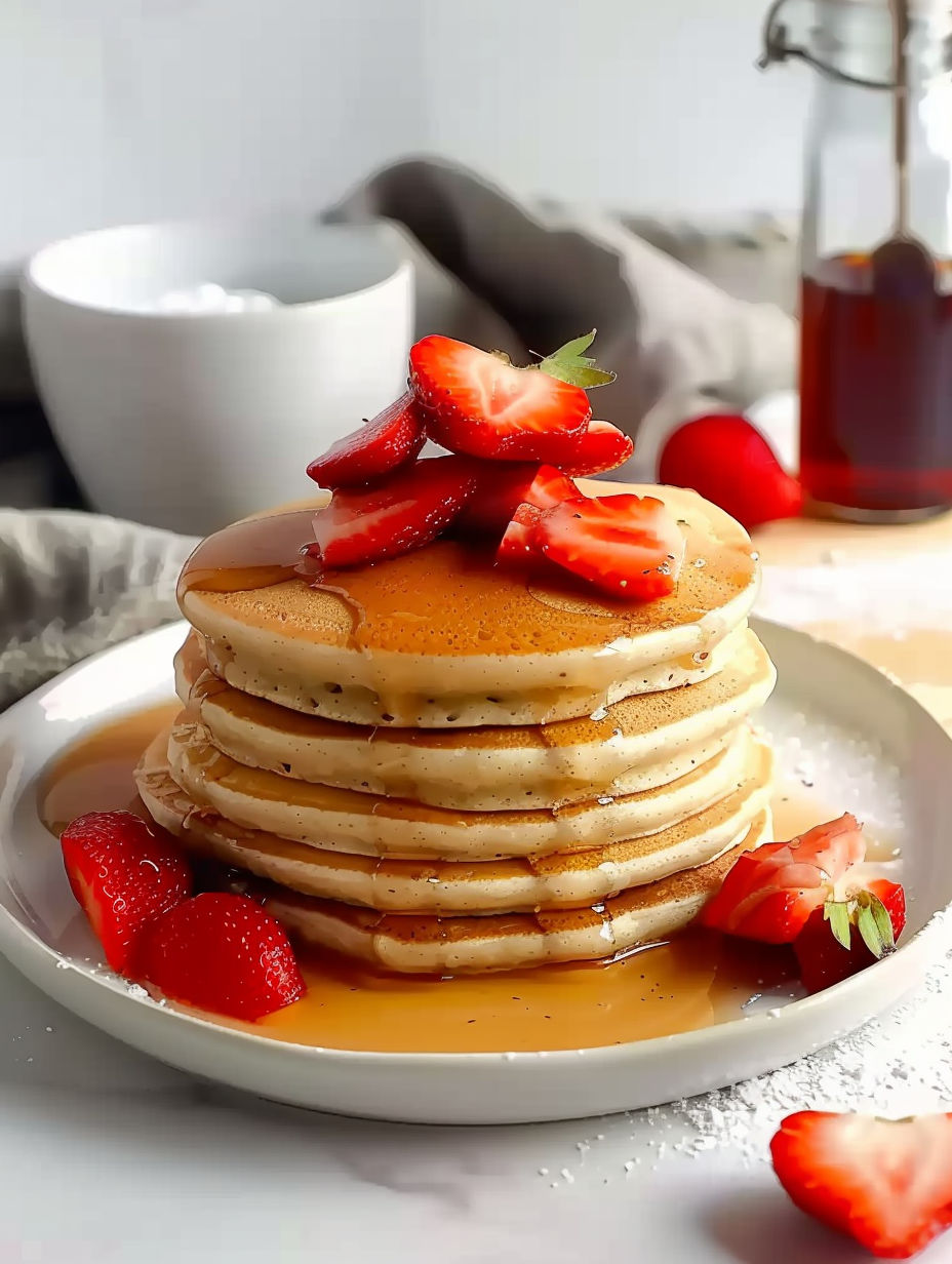 A stack of pancakes with strawberries on top.