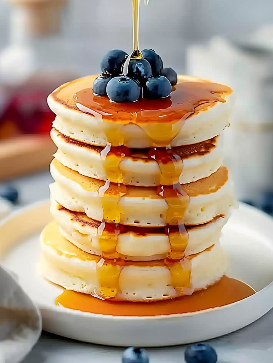 A stack of fluffy pancakes with syrup drizzled on top.