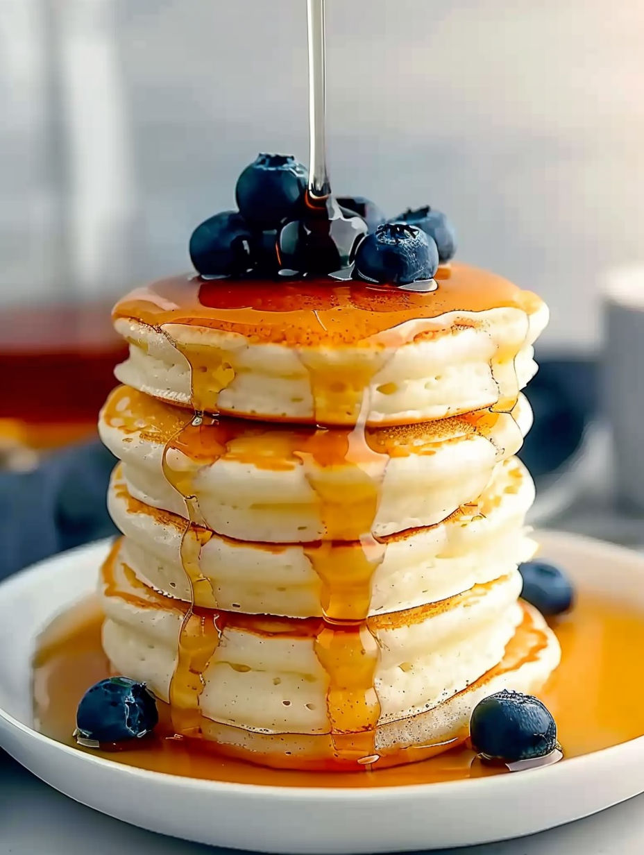 A stack of fluffy pancakes with blueberries on top.