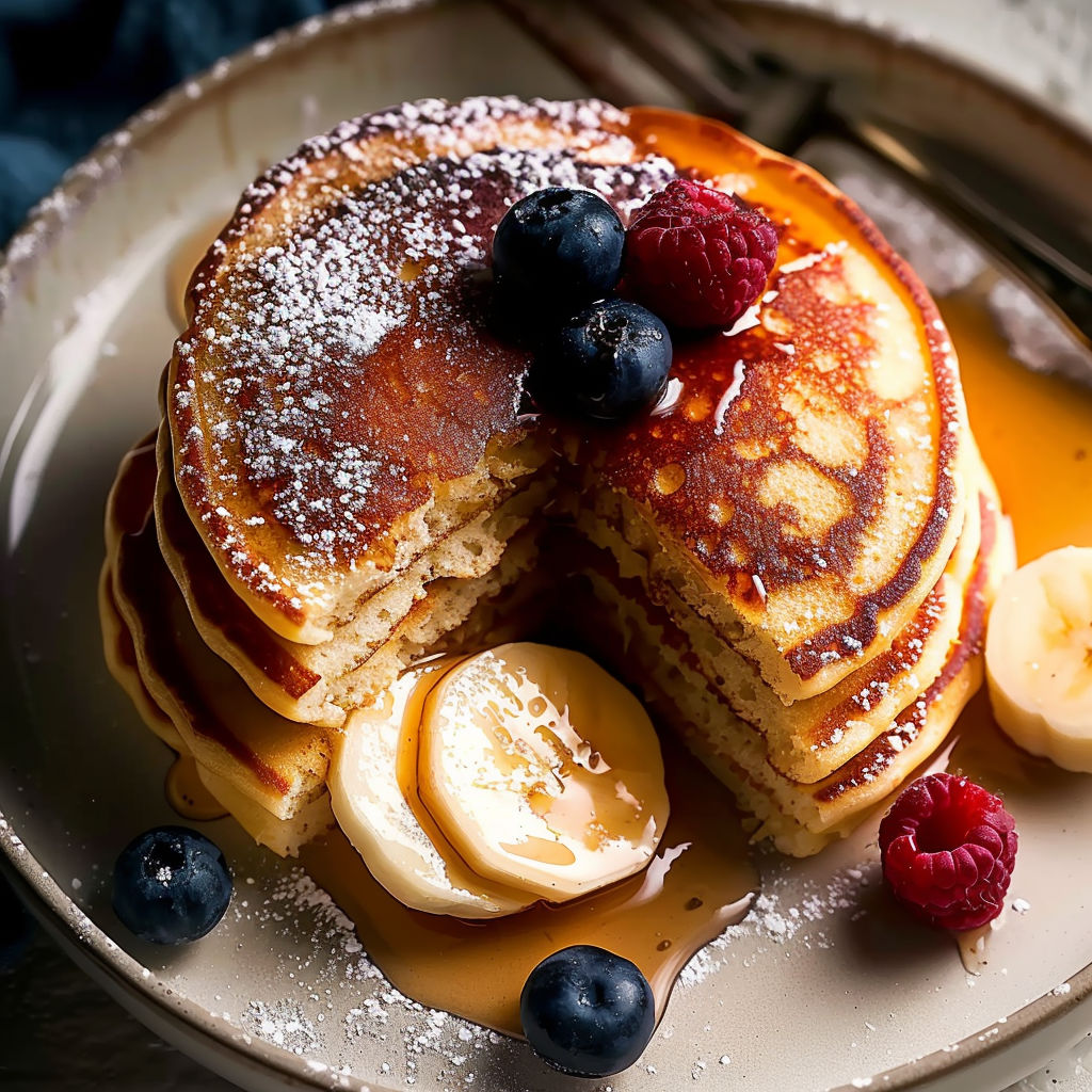 A stack of pancakes with blueberries and bananas on top.
