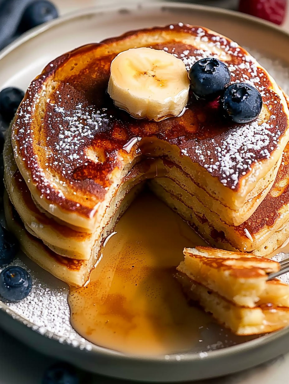 A stack of pancakes with bananas and blueberries on top.