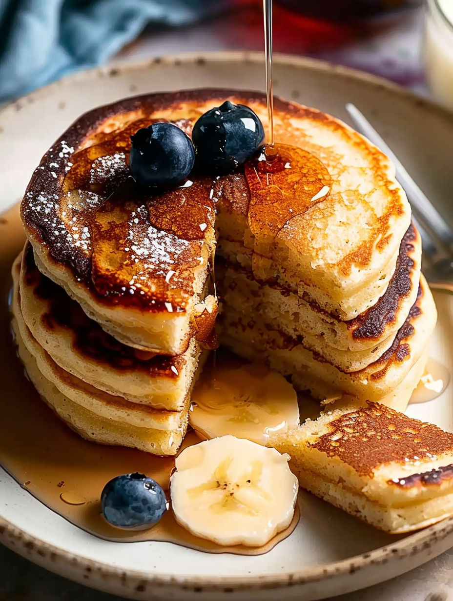 A stack of pancakes with bananas and blueberries on top.