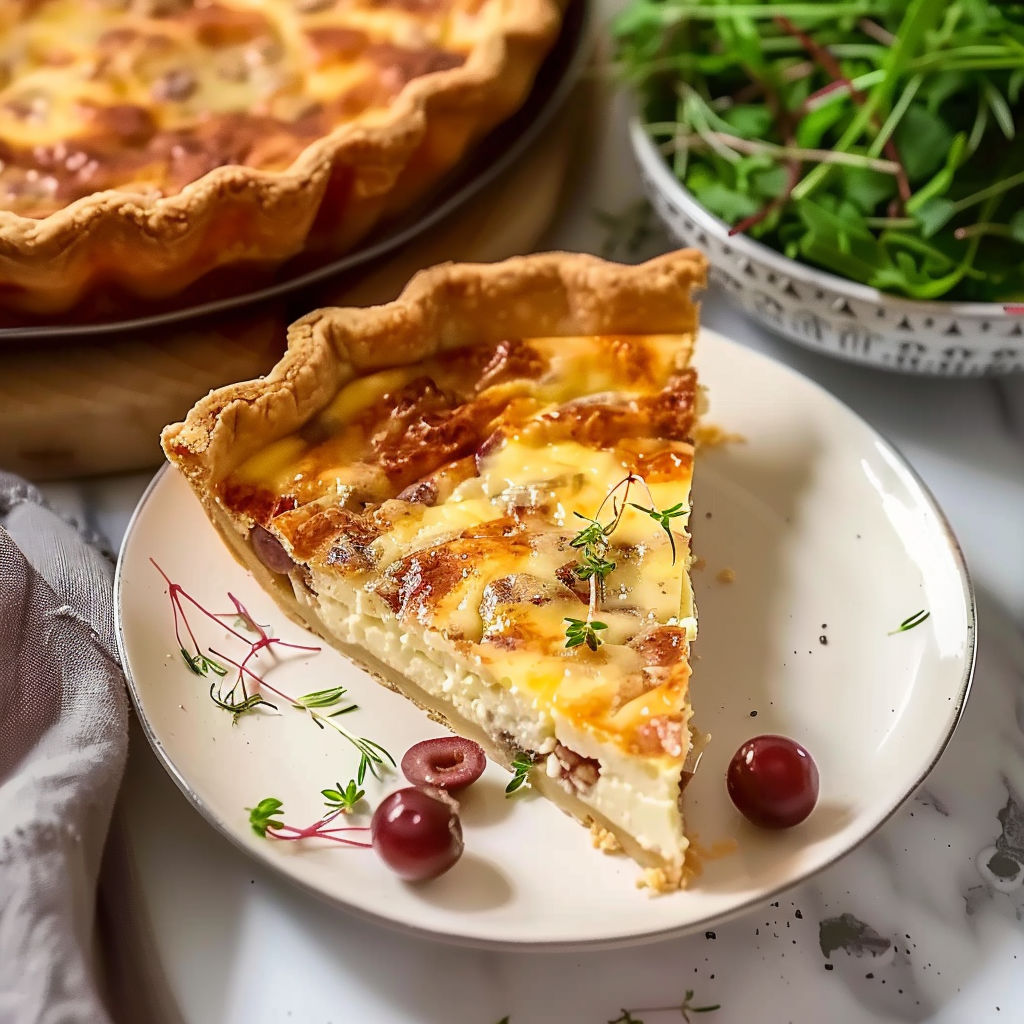 A slice of quiche lorraine on a plate.