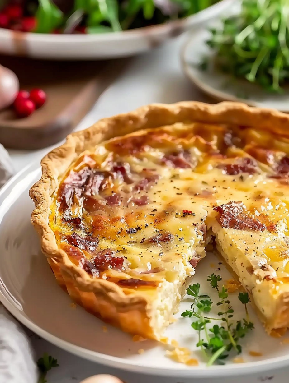 A slice of quiche lorraine on a plate.