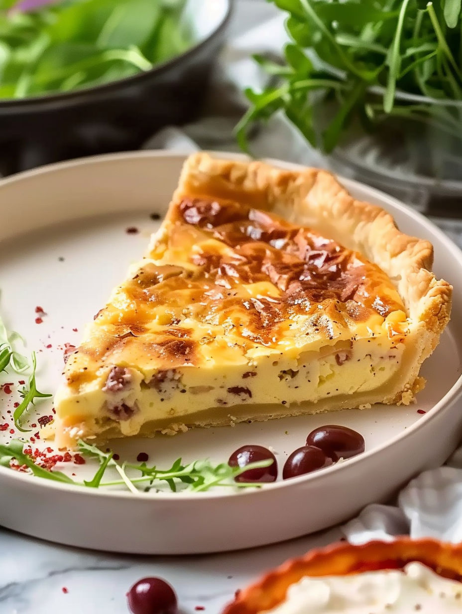 A slice of quiche lorraine with no cream.
