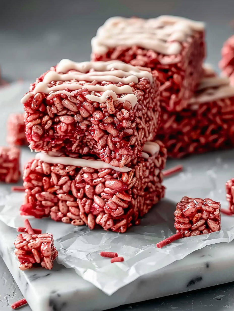 A close up of a red velvet rice krispy treat.