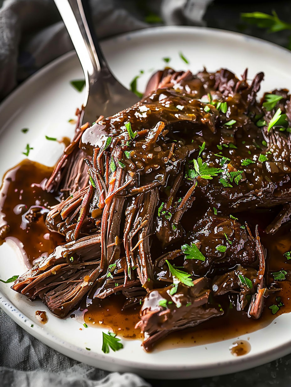 A plate of meat with a fork on it.