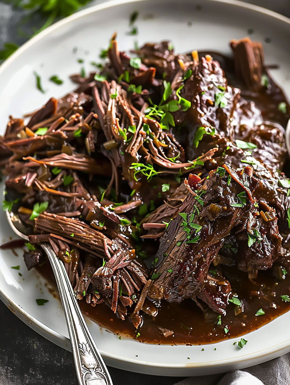 A plate of beef stew with a spoon on it.