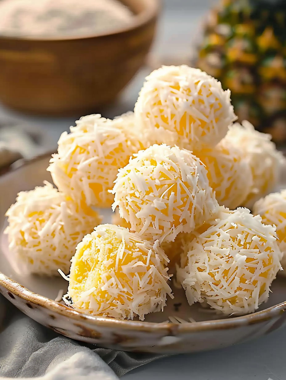 A bowl of yellow and white coconut balls.